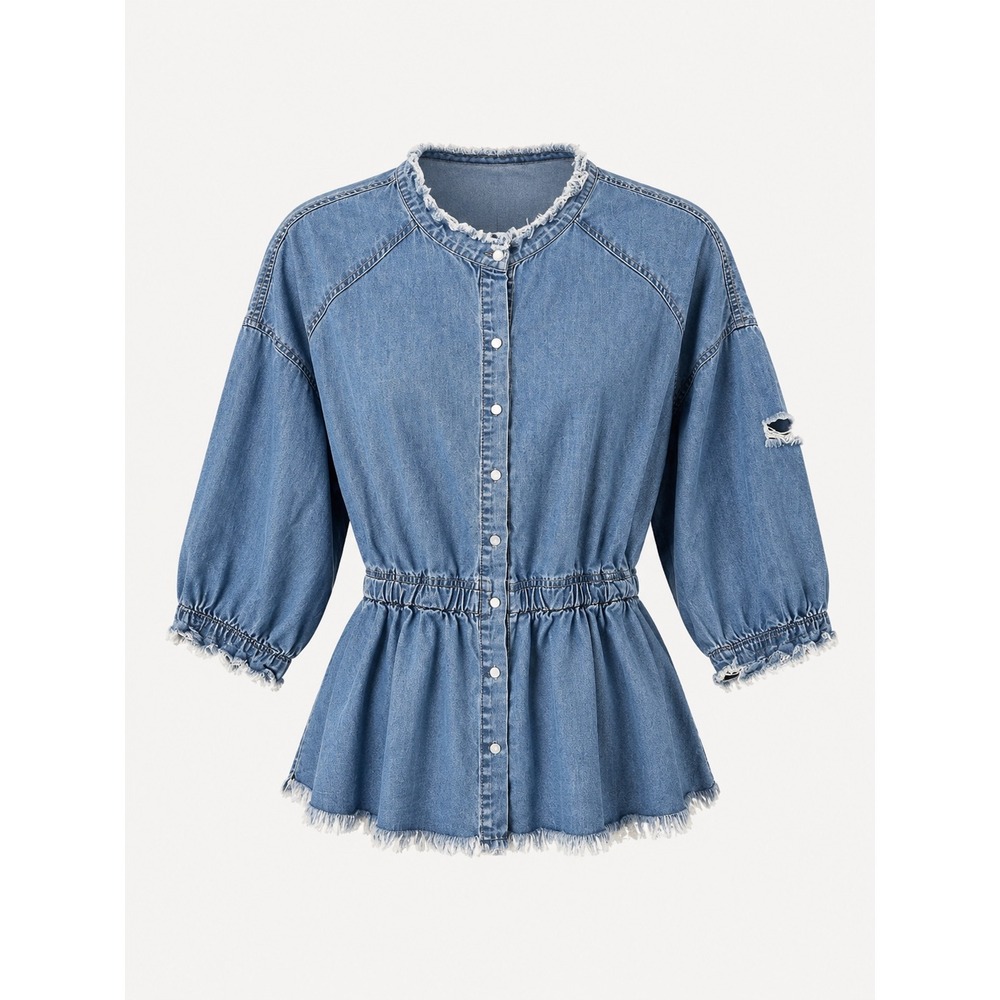 Easel Denim Tunic Top Women M Blue Frayed Raw Hem Boho Western Cinched Waist